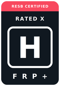 An RESB certified rating box: the RESB CERTIFIED banner above the mark RATED X, the class letter H, and the descriptors F, R and P followed by the plus flag