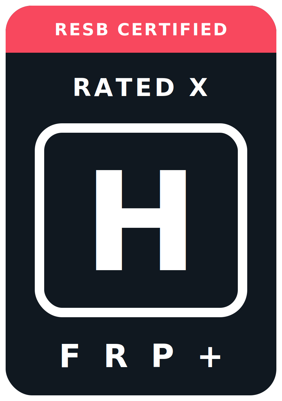 An RESB certified rating box showing the certified banner, a class letter, and a row of descriptor letters